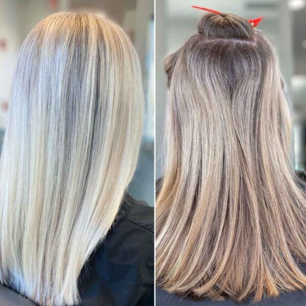Before and After Icy Blonde Haircolor and Highlights