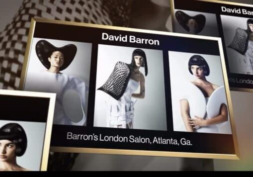 David Barron of Barron's London Salon in Atlanta, 2026 NAHA Master Hairstylist of the Year, shown in gold frames with three sculptural editorial hair images